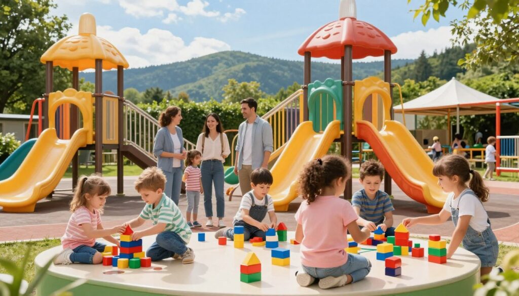 A vibrant family-friendly scene at a children's attraction featuring a colorful play area with slides, climbing structures, and interactive science exhibits. In the foreground, cheerful children of diverse backgrounds are engaged in fun activities like building blocks and exploring hands-on science displays. In the middle, a small group of parents watches their children, smiling and enjoying the experience. In the background, lush greenery of the Świętokrzyskie Mountains is visible, with bright blue skies and soft sunlight filtering through the trees, creating a warm and inviting atmosphere. The scene is framed with a slight tilt-up angle, capturing the joy and excitement of family interaction and learning in a safe environment.