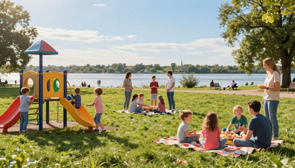 A vibrant family-friendly scene in Kujawsko-Pomorskie, showcasing an outdoor park filled with children playing and families enjoying quality time together. In the foreground, a diverse group of children are joyfully playing on colorful playground equipment, while their parents watch nearby, smiling and engaging in conversation. In the middle, lush green grass is dotted with picnic blankets and families sharing a meal together. The background features scenic views of the Wisła River, with serene waters reflecting the soft sunlight, under a clear blue sky. The atmosphere is cheerful and inviting, with warm lighting creating an uplifting feel. Use a wide-angle perspective to encompass the lively activity while maintaining focus on the families enjoying the attractions.