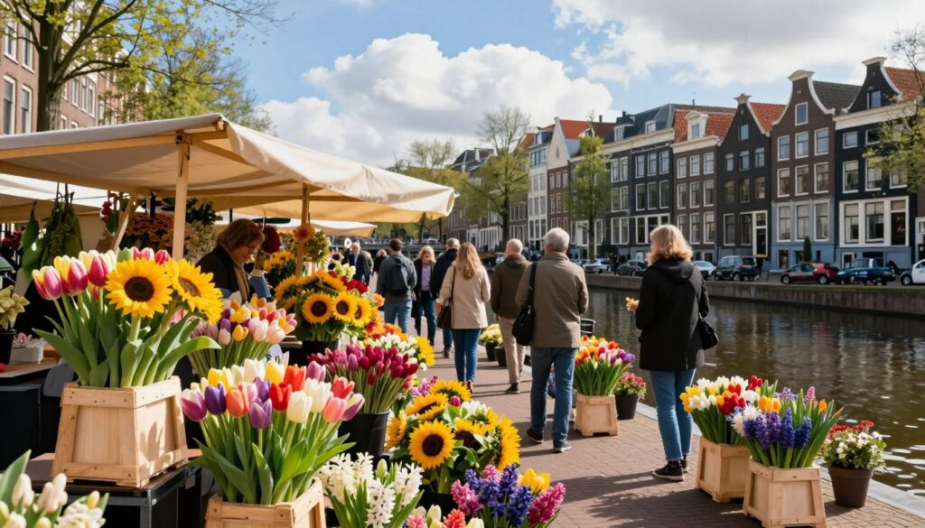 A vibrant flower market scene in Amsterdam, showcasing an array of colorful blooms in wooden stalls. In the foreground, delicate tulips, sunflowers, and hyacinths are artistically arranged, their vivid colors contrasting beautifully against rustic wooden crates. In the middle ground, a lively atmosphere with people casually browsing the stalls, dressed in modest casual clothing, exuding a sense of enjoyment and appreciation for local flavors. The background features traditional Dutch canal houses, their reflections shimmering in the water, under a bright blue sky dotted with fluffy white clouds. Soft, warm sunlight filters through, creating a cheerful ambiance that invites leisurely exploration. The angle is slightly elevated, capturing the bustling market while allowing the picturesque canals to frame the scene.