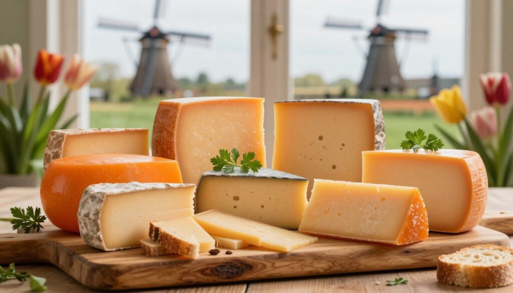 A vibrant, inviting display of Dutch cheeses arranged on a rustic wooden board, featuring iconic varieties like Gouda, Edam, and Leyden, with distinctive orange and yellow hues. Fresh herbs and slices of bread accompany the cheeses, enhancing the visual appeal. In the background, soft, natural light filters through a window, creating a warm atmosphere. A blurred view of Dutch windmills and tulip fields can be seen, alluding to the Netherlands’ rich tradition. The scene is shot with a shallow depth of field to emphasize the textures of the cheeses, while ensuring the overall mood is cozy and inviting, perfect for highlighting must-try Dutch delicacies.