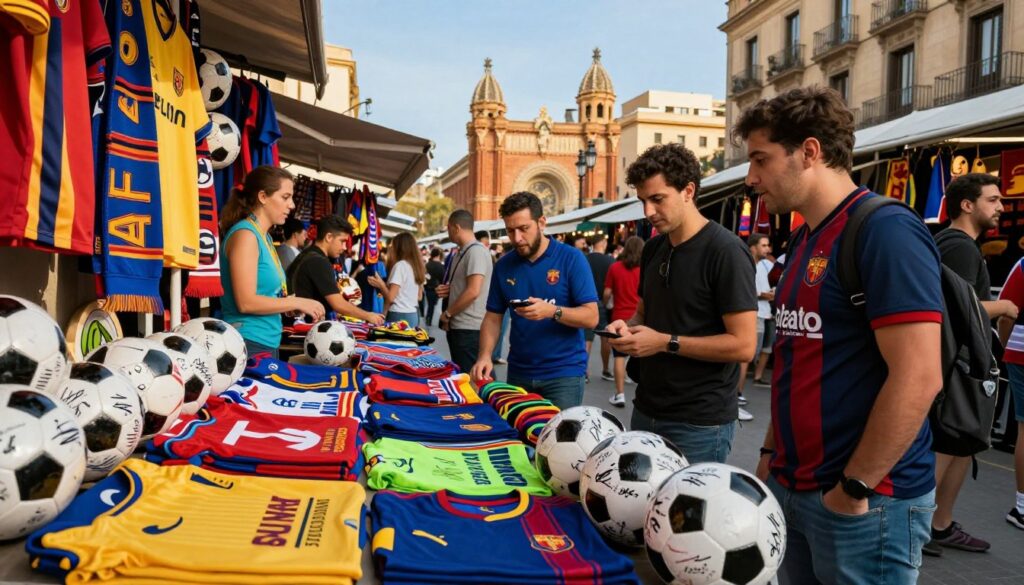 A vibrant market scene in Barcelona featuring a stall brimming with unique soccer memorabilia for fans. In the foreground, a variety of colorful items such as jerseys, scarves, and autographed footballs are displayed enticingly. The middle ground shows enthusiastic fans browsing, some wearing jerseys and showing excitement, while others are discussing their favorite teams. The background includes iconic Barcelona architecture with a clear blue sky, adding to the local atmosphere. The lighting is warm and inviting, casting soft shadows that enhance the depth of the scene. The image conveys a joyful and passionate mood, capturing the essence of sports fandom in a bustling city market.