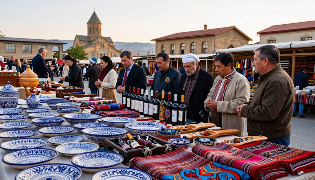 A vibrant market scene in Georgia showcasing a variety of traditional souvenirs. In the foreground, display intricately hand-painted ceramic dishes, colorful woven textiles, and artisanal wooden crafts, each reflecting the rich cultural heritage of the region. In the middle ground, include locals dressed in modest traditional attire, engaging warmly with visitors, while sampling local wine from beautifully designed bottles. The background features picturesque Georgian architecture under soft, golden hour lighting, creating an inviting atmosphere. Use a wide-angle lens to capture the bustling market ambiance and evoke a sense of warmth and hospitality, highlighting the connection between the people and their cultural treasures.