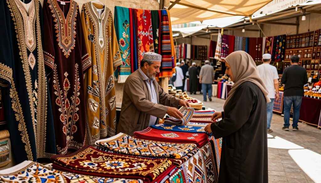 A vibrant market scene showcasing local clothing and textiles with Middle Eastern patterns. In the foreground, a beautifully arranged array of garments made from rich fabrics, featuring intricate designs such as geometric motifs, floral patterns, and traditional embroidery. A modestly dressed vendor expertly displays the textiles, engaging with customers in professional yet friendly attire. In the middle ground, colorful fabrics hang amidst traditional stalls, adorned with natural light filtering through a canopy overhead, casting soft shadows. The background highlights a bustling marketplace, with people exploring the rich cultural offerings, surrounded by artisan crafts and spices that enhance the atmosphere. The overall mood is warm, inviting, and steeped in local heritage, capturing the essence of the region’s craftsmanship.