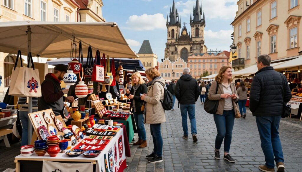A vibrant marketplace scene in Prague featuring quaint stalls filled with authentic local goods. In the foreground, a friendly vendor showcases handmade crafts, pottery, and traditional Czech souvenirs, showcasing rich colors and textures. The middle ground reveals a diverse group of shoppers, including individuals in modest casual clothing, engaging in lively conversation while browsing the unique offerings. The background highlights the historical architecture of Prague, with cobblestone streets and charming buildings under a bright blue sky. Soft, warm lighting enhances the inviting atmosphere, creating a sense of discovery and excitement. The scene captures the essence of finding genuine, locally sourced products at a good price, embodying the spirit of the city.