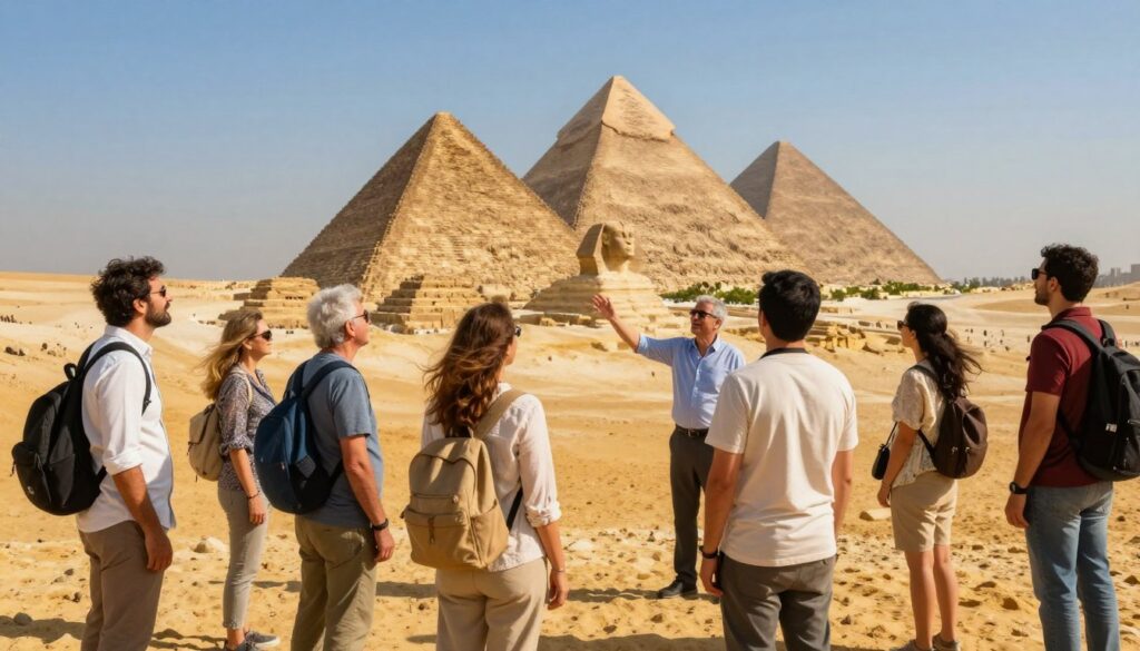 A vibrant scene capturing optional excursions in Egypt, showcasing a diverse group of tourists touring iconic landmarks. In the foreground, a group of adults in modest casual clothing admire the Great Pyramids of Giza, expressing wonder and excitement. In the middle ground, a tour guide enthusiastically explains historical facts, gesturing toward the ancient structures. The background features a clear blue sky and the vast desert landscape, with pyramids rising majestically. Lush greenery can be seen in the distance, enhancing the area's exotic charm. The lighting is warm and inviting, mimicking the golden hour, with soft shadows adding depth. The overall mood is adventurous and inspiring, ideal for travelers seeking unforgettable experiences.