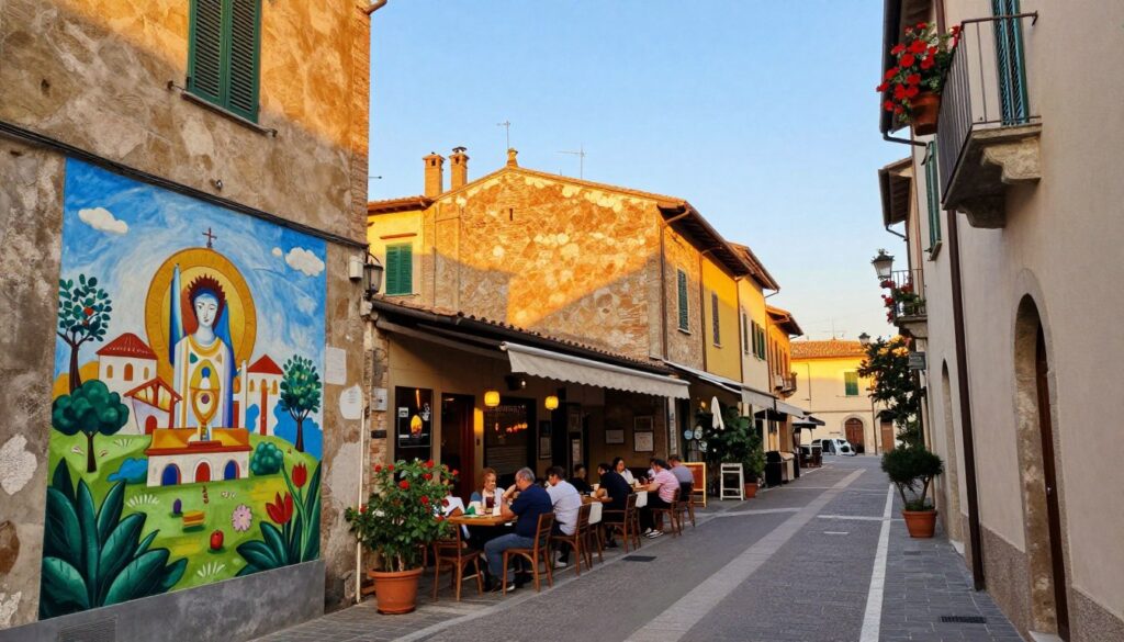A vibrant scene depicting Borgo San Giuliano in Rimini, showcasing its artistic character. In the foreground, charming narrow streets adorned with colorful murals and flower pots, inviting exploration. In the middle ground, quaint trattorias and boutiques with rustic Italian architecture, bustling with locals enjoying their day. The background highlights the soft, golden light of a late afternoon sun casting warm tones over traditional homes. The overall mood is lively yet serene, capturing the essence of this historic neighborhood. The composition emphasizes a low-angle view to create a sense of depth, with dynamic lighting enhancing the colors of the murals and the textures of the ancient buildings. No people are present, allowing the scene to convey tranquility and charm. A vibrant scene depicting Borgo San Giuliano in Rimini, showcasing its artistic character. In the foreground, charming narrow streets adorned with colorful murals and flower pots, inviting exploration. In the middle ground, quaint trattorias and boutiques with rustic Italian architecture, bustling with locals enjoying their day. The background highlights the soft, golden light of a late afternoon sun casting warm tones over traditional homes. The overall mood is lively yet serene, capturing the essence of this historic neighborhood. The composition emphasizes a low-angle view to create a sense of depth, with dynamic lighting enhancing the colors of the murals and the textures of the ancient buildings. No people are present, allowing the scene to convey tranquility and charm.