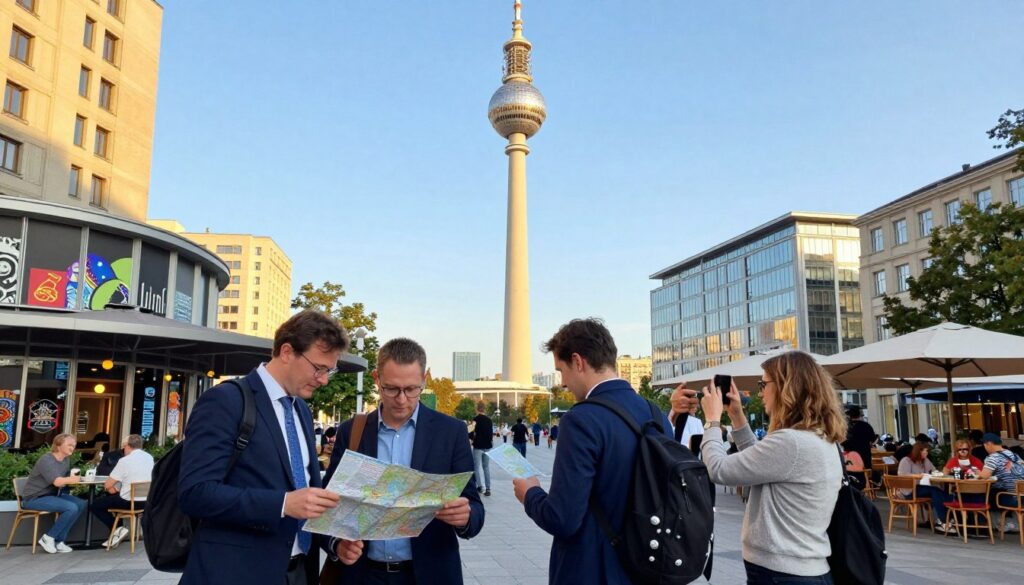 A vibrant scene of Alexanderplatz in Berlin, showcasing it as a bustling starting point for tourists. In the foreground, a diverse group of travelers in professional attire and modest casual clothing consult a map and take photos, capturing the essence of exploration. The middle ground features the iconic TV Tower (Fernsehturm) towering majestically, surrounded by modern shops and cafes, where people are seen enjoying their day. The background reveals a clear blue sky, with hints of historical buildings reflecting Berlin’s rich history. The lighting is warm and inviting, suggesting an early afternoon atmosphere. This composition evokes a sense of discovery and excitement, highlighting Alexanderplatz as a gateway to the city's murals and modern districts.