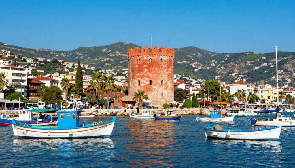 A vibrant scene of Czerwona Wieża, set against the picturesque port of Alanya. In the foreground, colorful fishing boats gently sway in the azure waters, their reflections shimmering under the sunlight. The iconic Red Tower stands majestically in the middle, its brick-red walls contrasting with the clear blue sky, surrounded by playful waves. To the background, the Mediterranean coastline unfolds, with lush green hills dotted with historical buildings. The atmosphere is lively and inviting, capturing the essence of a bustling seaside town. The lighting is bright and warm, evoking a cheerful midday scene, with shadows subtly highlighting the tower's architecture. Use a wide-angle lens to encompass the expanse of the port and the vibrancy of local activity, creating a sense of depth and engagement. No text or watermarks. A vibrant scene of Czerwona Wieża, set against the picturesque port of Alanya. In the foreground, colorful fishing boats gently sway in the azure waters, their reflections shimmering under the sunlight. The iconic Red Tower stands majestically in the middle, its brick-red walls contrasting with the clear blue sky, surrounded by playful waves. To the background, the Mediterranean coastline unfolds, with lush green hills dotted with historical buildings. The atmosphere is lively and inviting, capturing the essence of a bustling seaside town. The lighting is bright and warm, evoking a cheerful midday scene, with shadows subtly highlighting the tower's architecture. Use a wide-angle lens to encompass the expanse of the port and the vibrancy of local activity, creating a sense of depth and engagement. No text or watermarks.