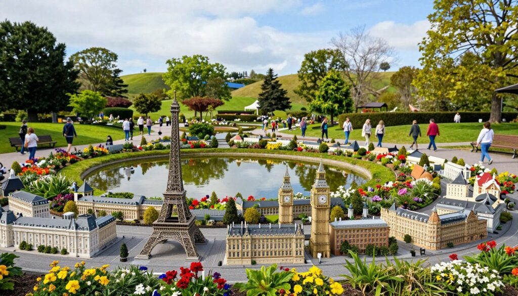 A vibrant scene of Park Miniatur Minieuroland, showcasing intricate scale models of famous European landmarks nestled within a beautifully landscaped park. In the foreground, vividly colored miniature displays of iconic structures like the Eiffel Tower and Big Ben are surrounded by lush greenery and colorful flowers. The middle ground features a tranquil pond reflecting the miniatures, while families stroll along winding pathways, adding life to the scene. In the background, gentle hills and a clear blue sky complete the picturesque view. Soft natural lighting highlights the details of the miniatures, creating a warm and inviting atmosphere, ideal for a delightful day in the park. The image captures the charm and whimsy of this unique attraction. A vibrant scene of Park Miniatur Minieuroland, showcasing intricate scale models of famous European landmarks nestled within a beautifully landscaped park. In the foreground, vividly colored miniature displays of iconic structures like the Eiffel Tower and Big Ben are surrounded by lush greenery and colorful flowers. The middle ground features a tranquil pond reflecting the miniatures, while families stroll along winding pathways, adding life to the scene. In the background, gentle hills and a clear blue sky complete the picturesque view. Soft natural lighting highlights the details of the miniatures, creating a warm and inviting atmosphere, ideal for a delightful day in the park. The image captures the charm and whimsy of this unique attraction.