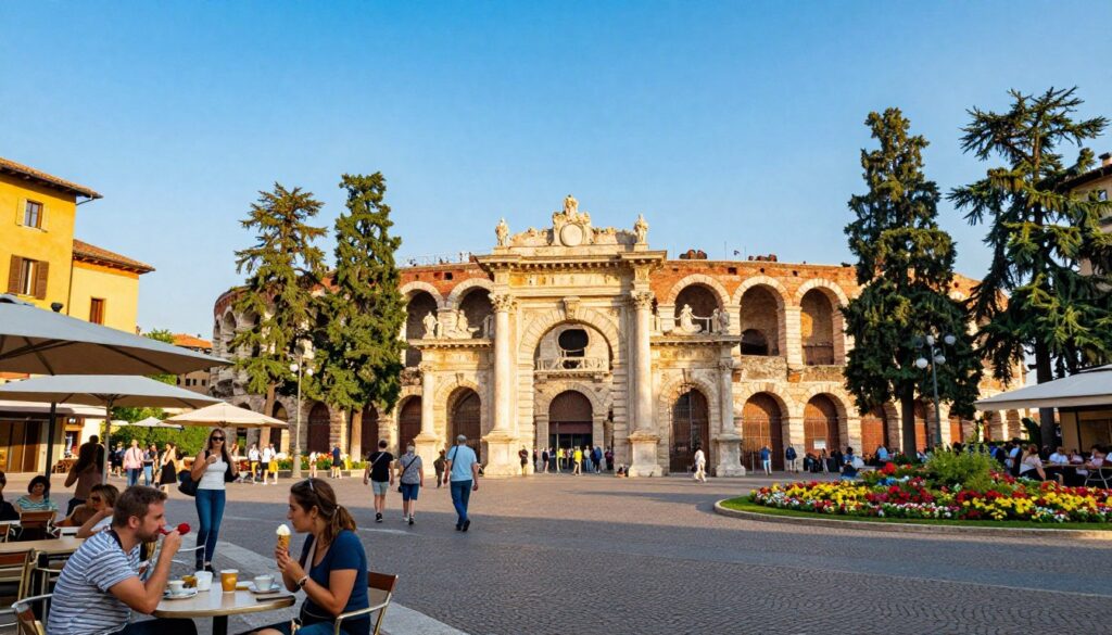 A vibrant scene of Piazza Bra in Verona, Italy, highlighting the grand architecture and lively atmosphere. In the foreground, a cobbled square bustling with visitors enjoying gelato and sipping coffee at outdoor cafés. In the middle ground, the majestic Portoni della Bra gates stand elegantly, framed by lush green trees and colorful flowerbeds. The background features the stunning Arena di Verona, bathed in warm afternoon sunlight, showcasing its ancient Roman architecture. The image is captured from a low angle, accentuating the height of the structures against a clear blue sky. The overall mood is lively and inviting, evoking a sense of history and charm in this popular Italian piazza.