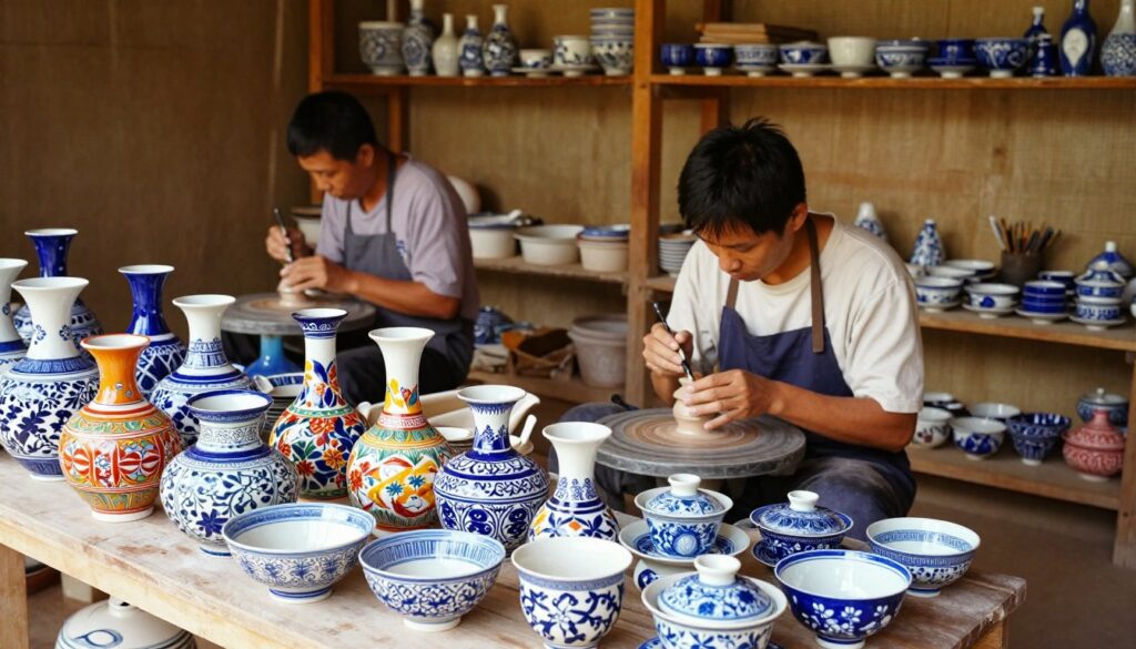 A vibrant scene of traditional Bat Trang ceramics displayed in a sunlit workshop. In the foreground, intricately designed pottery pieces—colorful vases, bowls, and tea sets—showcase the unique blue-and-white patterns typical of Bat Trang. The middle ground features artisans skillfully painting and glazing the pottery, wearing modest casual clothing. In the background, shelves filled with completed ceramic works and tools create an authentic artisan atmosphere. Soft, warm lighting enhances the rich colors of the ceramics and the natural textures of the workshop. The angle is slightly elevated, providing a sense of depth, inviting viewers into the intricate world of Vietnamese craftsmanship. The overall mood is warm and welcoming, reflecting the cultural heritage of Bat Trang village. A vibrant scene of traditional Bat Trang ceramics displayed in a sunlit workshop. In the foreground, intricately designed pottery pieces—colorful vases, bowls, and tea sets—showcase the unique blue-and-white patterns typical of Bat Trang. The middle ground features artisans skillfully painting and glazing the pottery, wearing modest casual clothing. In the background, shelves filled with completed ceramic works and tools create an authentic artisan atmosphere. Soft, warm lighting enhances the rich colors of the ceramics and the natural textures of the workshop. The angle is slightly elevated, providing a sense of depth, inviting viewers into the intricate world of Vietnamese craftsmanship. The overall mood is warm and welcoming, reflecting the cultural heritage of Bat Trang village.