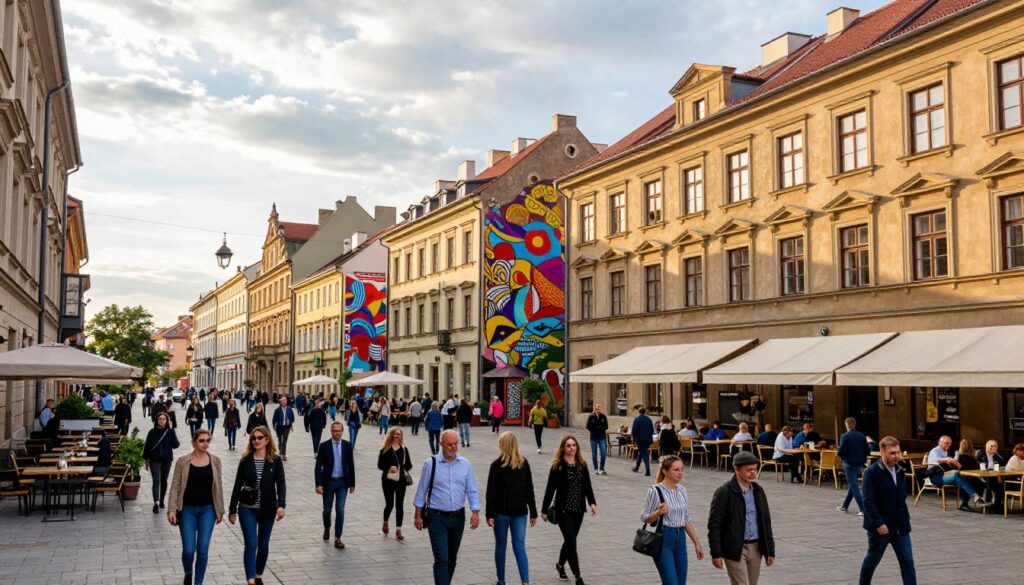 A vibrant scene on Piotrkowska Street in Łódź, showcasing its lively atmosphere and rich cultural history. In the foreground, a bustling crowd of people in smart casual and business attire strolls along the wide promenade, surrounded by charming cafes and shops with vintage facades. The middle ground features a mix of beautifully restored historic buildings and colorful murals that reflect the city's artistic spirit. In the background, soft sunlight filters through scattered clouds, casting a warm glow on the scene. Capture the essence of urban life, emphasizing the dynamic interplay of architecture and people. Use a balanced composition, with a slight perspective from an elevated angle, to allow an expansive view of the street's character and ambiance. A vibrant scene on Piotrkowska Street in Łódź, showcasing its lively atmosphere and rich cultural history. In the foreground, a bustling crowd of people in smart casual and business attire strolls along the wide promenade, surrounded by charming cafes and shops with vintage facades. The middle ground features a mix of beautifully restored historic buildings and colorful murals that reflect the city's artistic spirit. In the background, soft sunlight filters through scattered clouds, casting a warm glow on the scene. Capture the essence of urban life, emphasizing the dynamic interplay of architecture and people. Use a balanced composition, with a slight perspective from an elevated angle, to allow an expansive view of the street's character and ambiance.