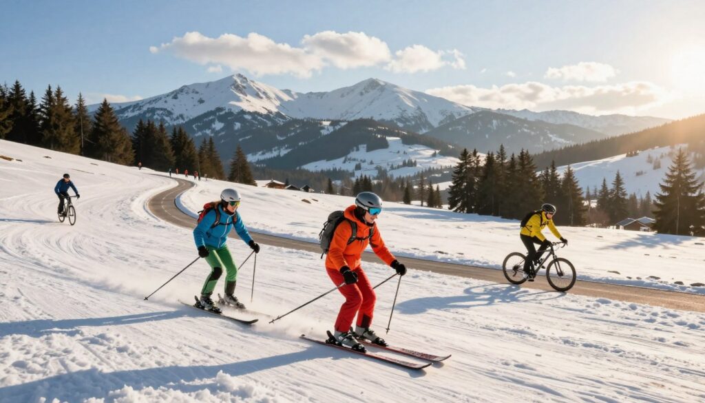 A vibrant scene showcasing active recreation in Szklarska Poręba, featuring two individuals dressed in colorful winter sports attire skiing down a snowy slope, capturing the thrill of winter sports. In the foreground, the skiers are mid-action, showcasing determination and joy. In the middle ground, a well-marked bike path winds through the snow, with a couple of cyclists in warm, layered clothing riding past, representing summer biking activities. The backdrop features the majestic Karkonosze Mountains, bathed in soft golden sunlight during early morning, with a few scattered clouds in a clear blue sky. The atmosphere is lively and invigorating, depicting the beauty of combining skiing and biking in this picturesque landscape. The composition captures both energy and tranquility in nature.