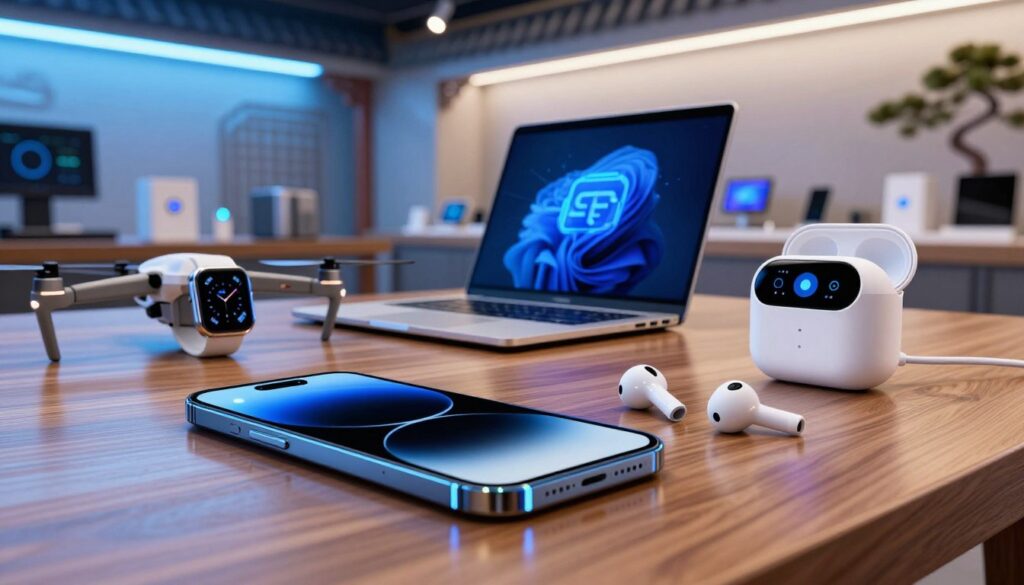 A vibrant scene showcasing modern gadgets and electronics from China. In the foreground, feature a sleek smartphone with an advanced holographic display and wireless earbuds, alongside a compact smart home device with a digital interface. In the middle ground, include innovative tech items like a stylish smartwatch, a futuristic laptop, and a drone, all arranged on a polished wooden table. In the background, a softly lit Asian-inspired tech store is visible, highlighting intricate Chinese design elements on the walls, illuminated by ambient LED lights. The atmosphere is dynamic and cutting-edge, reflecting the theme of contemporary Chinese technology, with a color palette of cool blues and metallics. Use a slightly angled perspective to emphasize depth and detail, creating an engaging and modern composition.