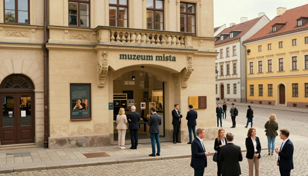 A vibrant scene showcasing the "muzeum miasta" (City Museum) in Łódź, centered in the foreground with a majestic, historic building exterior characterized by intricate architectural details. In the middle, capture a diverse group of people in professional business attire, engaging with the museum exhibits, reflecting the city’s multicultural history. The atmosphere should be lively and welcoming, with warm, natural daylight illuminating the scene. In the background, feature the cobblestone streets lined with colorful buildings and subtle hints of industrial heritage, symbolizing Łódź's transformation. Use a slightly elevated angle to provide depth, capturing the essence of the city's artistic and cinematic identity. The overall mood should convey curiosity and cultural appreciation without any text or branding. A vibrant scene showcasing the "muzeum miasta" (City Museum) in Łódź, centered in the foreground with a majestic, historic building exterior characterized by intricate architectural details. In the middle, capture a diverse group of people in professional business attire, engaging with the museum exhibits, reflecting the city’s multicultural history. The atmosphere should be lively and welcoming, with warm, natural daylight illuminating the scene. In the background, feature the cobblestone streets lined with colorful buildings and subtle hints of industrial heritage, symbolizing Łódź's transformation. Use a slightly elevated angle to provide depth, capturing the essence of the city's artistic and cinematic identity. The overall mood should convey curiosity and cultural appreciation without any text or branding.