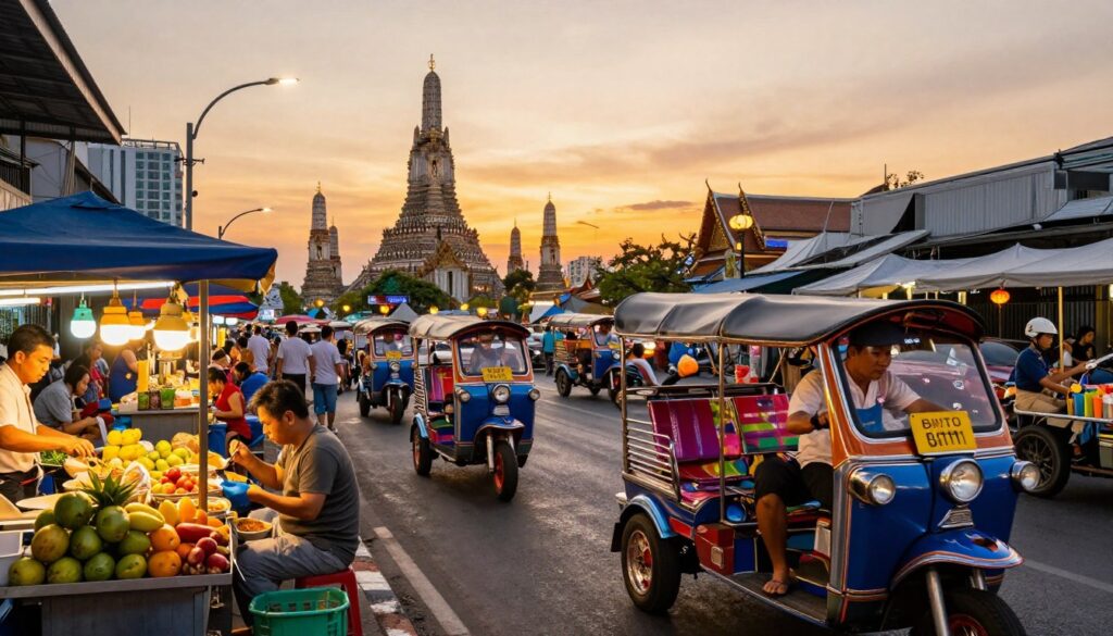 A vibrant street scene in Bangkok showcasing various modes of transportation and exploration opportunities. In the foreground, a busy street market brimming with delicious street food stalls, colorful fruits, and local chefs preparing traditional dishes. Mid-ground features tuk-tuks and bicycles weaving through the bustling crowds, highlighting the lively urban transport. In the background, the silhouette of majestic temples and modern skyscrapers rises against a warm sunset sky, casting a golden hue over the scene. Bright lanterns and streetlights illuminate the atmosphere, creating a sense of vibrancy and energy. Capture this dynamic blend of culture, transportation, and urban life with a wide-angle view from street level, focusing on the interplay of light and shadow to evoke a sense of adventure and excitement. A vibrant street scene in Bangkok showcasing various modes of transportation and exploration opportunities. In the foreground, a busy street market brimming with delicious street food stalls, colorful fruits, and local chefs preparing traditional dishes. Mid-ground features tuk-tuks and bicycles weaving through the bustling crowds, highlighting the lively urban transport. In the background, the silhouette of majestic temples and modern skyscrapers rises against a warm sunset sky, casting a golden hue over the scene. Bright lanterns and streetlights illuminate the atmosphere, creating a sense of vibrancy and energy. Capture this dynamic blend of culture, transportation, and urban life with a wide-angle view from street level, focusing on the interplay of light and shadow to evoke a sense of adventure and excitement.