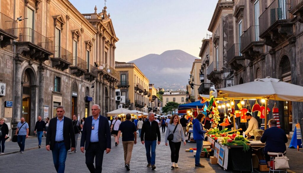 A vibrant street scene on Via Etnea in Catania, showcasing the stunning Baroque architecture of the buildings lining the street. In the foreground, pedestrians in professional attire and modest casual clothing stroll leisurely, engaging with local vendors selling fresh produce and handmade goods. The middle ground features a bustling marketplace filled with colorful stalls and warm, inviting lights, while the majestic silhouette of Mount Etna looms in the background, slightly shrouded in mist. The scene captures a sunny day, with soft golden hour lighting casting gentle shadows. The mood is lively yet relaxed, inviting viewers to experience the true rhythm of Sicilian life. Shot from a low angle to emphasize the grandeur of the buildings and the vibrant activity of the street. A vibrant street scene on Via Etnea in Catania, showcasing the stunning Baroque architecture of the buildings lining the street. In the foreground, pedestrians in professional attire and modest casual clothing stroll leisurely, engaging with local vendors selling fresh produce and handmade goods. The middle ground features a bustling marketplace filled with colorful stalls and warm, inviting lights, while the majestic silhouette of Mount Etna looms in the background, slightly shrouded in mist. The scene captures a sunny day, with soft golden hour lighting casting gentle shadows. The mood is lively yet relaxed, inviting viewers to experience the true rhythm of Sicilian life. Shot from a low angle to emphasize the grandeur of the buildings and the vibrant activity of the street.