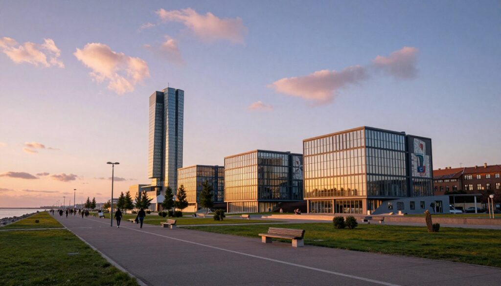 A vibrant view of Gdyni’s modernist architecture, showcasing sleek buildings with geometric designs and large glass façades, framing the scenic coastline. In the foreground, a wide, tree-lined promenade invites leisurely strolls, dotted with stylish benches and subtle urban art. The middle ground features iconic modernist structures, such as the famous Sea Towers and the Gdynia Maritime Museum, basking under soft, golden hour lighting that casts dramatic shadows and highlights architectural details. The background reveals a serene Baltic Sea, blending into a pastel-colored sky filled with wispy clouds, evoking a calm and contemplative atmosphere. Capture this scene with a focus lens for clarity, emphasizing the interplay of light and shadow, while maintaining an inviting, tranquil mood.