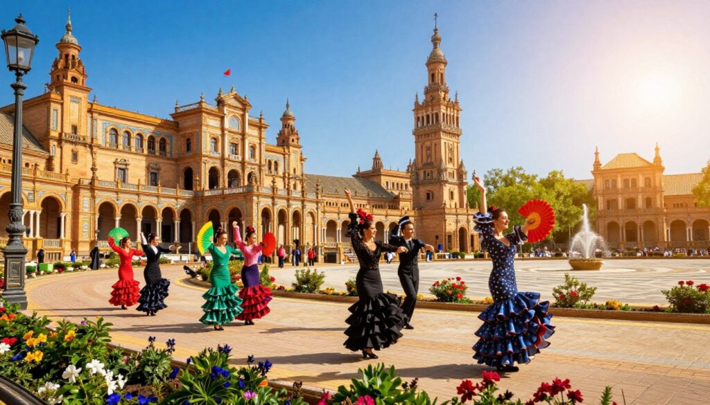 A vibrant view of Seville, Spain, showcasing the iconic Plaza de España with its stunning Renaissance architecture and intricate tile work, surrounded by lush greenery and blooming flowers in the foreground. In the middle ground, capture a group of elegantly dressed individuals in traditional flamenco attire, dancing gracefully with colorful fans, demonstrating the rich culture of the region. The background features the majestic Giralda Tower under a bright blue sky, enhanced by warm, golden sunlight that filters through the trees. The atmosphere is lively and festive, filled with the essence of Andalusian charm and the passion of flamenco music, with a focus on the joyful expressions of the dancers as they celebrate their heritage.