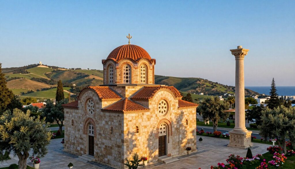 Agia Kyriaki Church in Paphos, Cyprus, stands gracefully in the foreground, showcasing its stunning stone architecture and distinctive dome, decorated with intricate mosaics. The church's courtyard is adorned with vibrant flowers and olive trees, creating a serene atmosphere. To the side, the Column of Saint Paul rises majestically, a symbol of historical significance. The middle ground features softly rolling hills, bathed in the warm glow of the golden hour sunlight, creating a tranquil ambiance. In the background, lush green landscapes lead to the distant coastline, blending seamlessly with the clear blue sky. The image captures the peaceful yet historic essence of the site, encouraging viewers to appreciate its cultural heritage. The composition should have a soft focus on the background, with a warm light casting gentle shadows across the scene.