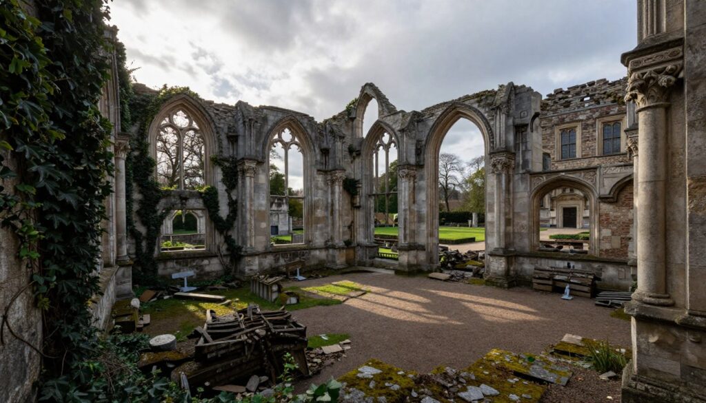An ancient, crumbling palace ruin in Brussels, featuring gothic architectural elements and weathered stone walls covered with creeping ivy and moss in the foreground. In the middle ground, intricately carved columns and scattered debris hint at its storied past, while soft rays of sunlight filter through the overcast sky, casting gentle shadows. The background showcases a tranquil, overgrown garden and remnants of an expansive courtyard, hinting at the grandeur that once was. The scene captures a melancholic yet captivating atmosphere, evoking historical intrigue and mystery. The perspective is slightly elevated, resembling a wide-angle shot, emphasizing the scale of the ruins and inviting contemplation of the once-mighty Coudenberg Palace.