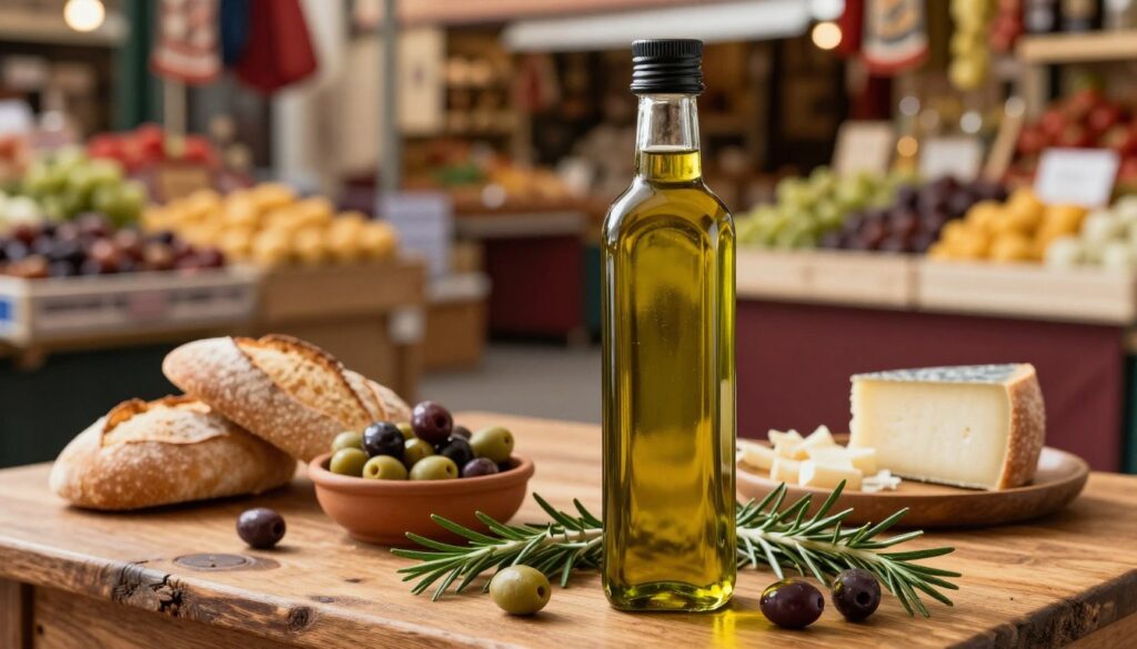 An elegant bottle of high-quality olive oil, glistening with a golden hue, placed prominently in the foreground. Surrounding the bottle are scattered olives and sprigs of fresh rosemary, adding a vibrant green contrast. In the middle ground, a rustic wooden table adorned with various Spanish delicacies: crusty artisan bread, a small bowl of olives, and some cheese, evoking a warm market atmosphere. The background features softly blurred images of bustling Spanish market stalls with colorful produce and handmade goods, capturing the essence of local culture. Warm, natural lighting enhances the scene, creating a cozy and inviting ambiance. The focus is sharp on the olive oil bottle, emphasizing its richness, while the background adds context without distraction.