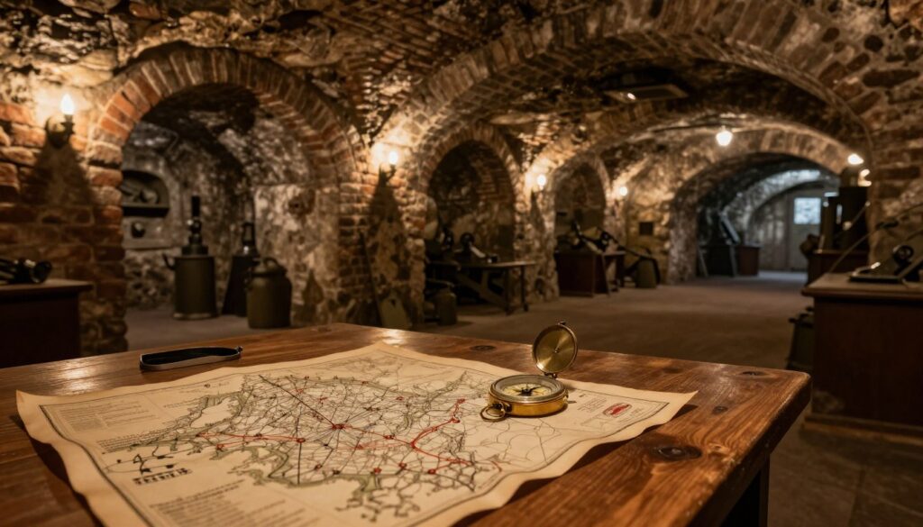 An underground city in Świnoujście, showcasing intricate tunnels and chambers lined with historic military artifacts. In the foreground, a detailed view of a vintage military map and a compass resting on a wooden table, illuminated by warm, dim lighting. In the middle, arched stone passageways with weathered brick walls, softly lit by flickering sconces, creating an atmosphere of mystery. The background features shadows that hint at more expansive underground halls and military relics, with a subtle glow from unseen sources. The scene conveys a sense of exploration and historical intrigue, emphasizing the underground city’s significance in military history. The image captures the essence of historical preservation and the hidden stories beneath the surface.