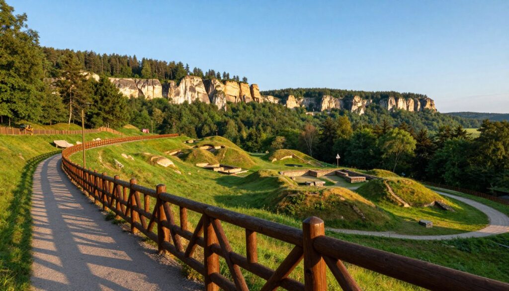 Grodzisko Lubin, featuring stunning viewing terraces overlooking lush, rolling hills and verdant forests typical of the Wolin National Park. In the foreground, intricately carved wooden railings and well-maintained paths invite visitors to enjoy the view. The middle ground showcases the historic remnants of the ancient settlement, with partially restored earth mounds and archaeological features. In the background, the dramatic cliffs rise sharply against a clear blue sky, their rugged textures enhanced by golden sunlight. The atmosphere is serene, evoking a sense of connection to nature and history. Shot with a wide-angle lens to capture the vast landscape, with soft, warm lighting to emphasize the beauty of the scenery, inviting viewers to explore the tranquility of this captivating location. Grodzisko Lubin, featuring stunning viewing terraces overlooking lush, rolling hills and verdant forests typical of the Wolin National Park. In the foreground, intricately carved wooden railings and well-maintained paths invite visitors to enjoy the view. The middle ground showcases the historic remnants of the ancient settlement, with partially restored earth mounds and archaeological features. In the background, the dramatic cliffs rise sharply against a clear blue sky, their rugged textures enhanced by golden sunlight. The atmosphere is serene, evoking a sense of connection to nature and history. Shot with a wide-angle lens to capture the vast landscape, with soft, warm lighting to emphasize the beauty of the scenery, inviting viewers to explore the tranquility of this captivating location.