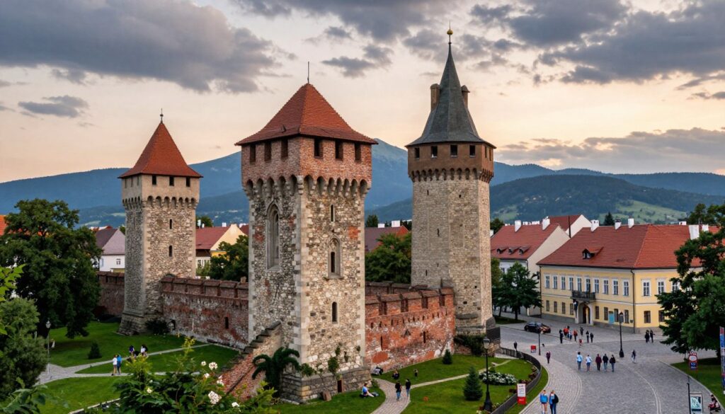 Medieval defensive towers in Jelenia Góra, standing proudly in the foreground, constructed from weathered stone and brick, showcasing intricate Gothic architectural details. The towers are surrounded by lush greenery and cobblestone streets leading to a bustling historical square. In the middle ground, add charming old buildings with tiled roofs, and a serene park with people strolling, dressed in casual, modest clothing to reflect a peaceful ambiance. In the background, the silhouette of the Karkonosze Mountains looms under a dramatic sky with scattered clouds, capturing the essence of a vibrant yet tranquil atmosphere at dusk, with soft, warm lighting illuminating the scene. The angle should be slightly elevated, offering a panoramic view that highlights the majesty and historical significance of the towers.