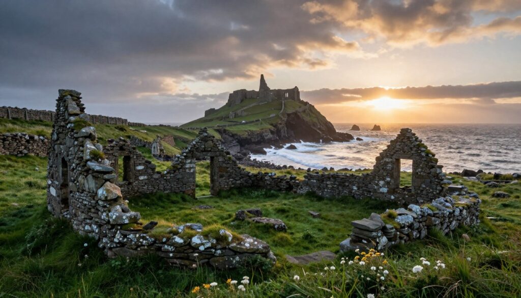On the rugged coastline of Lindisfarne Island, capture the remnants of Viking history amidst a dramatic sky. In the foreground, display ancient stone structures, reminiscent of Viking settlements, overgrown with lush green grass and wildflowers. In the middle ground, a sweeping view of the coastline with gentle waves crashing against jagged rocks, creating a serene yet powerful atmosphere. The background features a silhouette of Lindisfarne Priory, its historical architecture bathed in the soft, golden light of the setting sun, casting long shadows. The scene should evoke a sense of mystery and adventure, embodying the rich history of the Vikings. Use a wide-angle lens to enhance the expansive view, focusing on natural textures and soft contrasts.