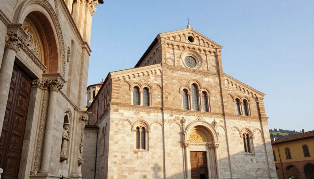 The image features the stunning Bazylika San Zeno Maggiore in Verona, capturing its majestic Romanesque architecture. In the foreground, the intricate stone carvings and ornate wooden doors are visible, inviting the viewer into the sacred space. The middle ground showcases the grand facade with its beautiful arched windows and harmonious proportions, set against a clear blue sky. In the background, gentle hills can be seen, reminiscent of the Italian countryside. Soft, warm lighting bathes the scene, enhancing the earthy tones of the stone and creating a serene atmosphere. The angle is slightly elevated, allowing for a dynamic view that emphasizes the basilica's grandeur while maintaining an intimate connection to its surroundings. The overall mood reflects tranquility and historical depth, inviting viewers to appreciate this architectural gem.