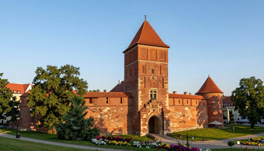 Wysoka Brama of the old town in Olsztyn stands majestically as a centerpiece of medieval architecture, surrounded by remnants of ancient fortifications. In the foreground, detailed stonework of the tower is highlighted, showcasing weathered bricks and ornate decorations. The middle ground features lush green trees and vibrant flowers, typical of the local flora, lending a touch of nature to the historic scene. In the background, a serene blue sky contrasts with the brick-heavy colors, where distant views of the city can be seen. Use warm, golden lighting to portray a late afternoon ambiance, casting soft shadows on the structure. The angle is slightly elevated, emphasizing the height of the tower while capturing the inviting atmosphere of this historic site, encouraging exploration.