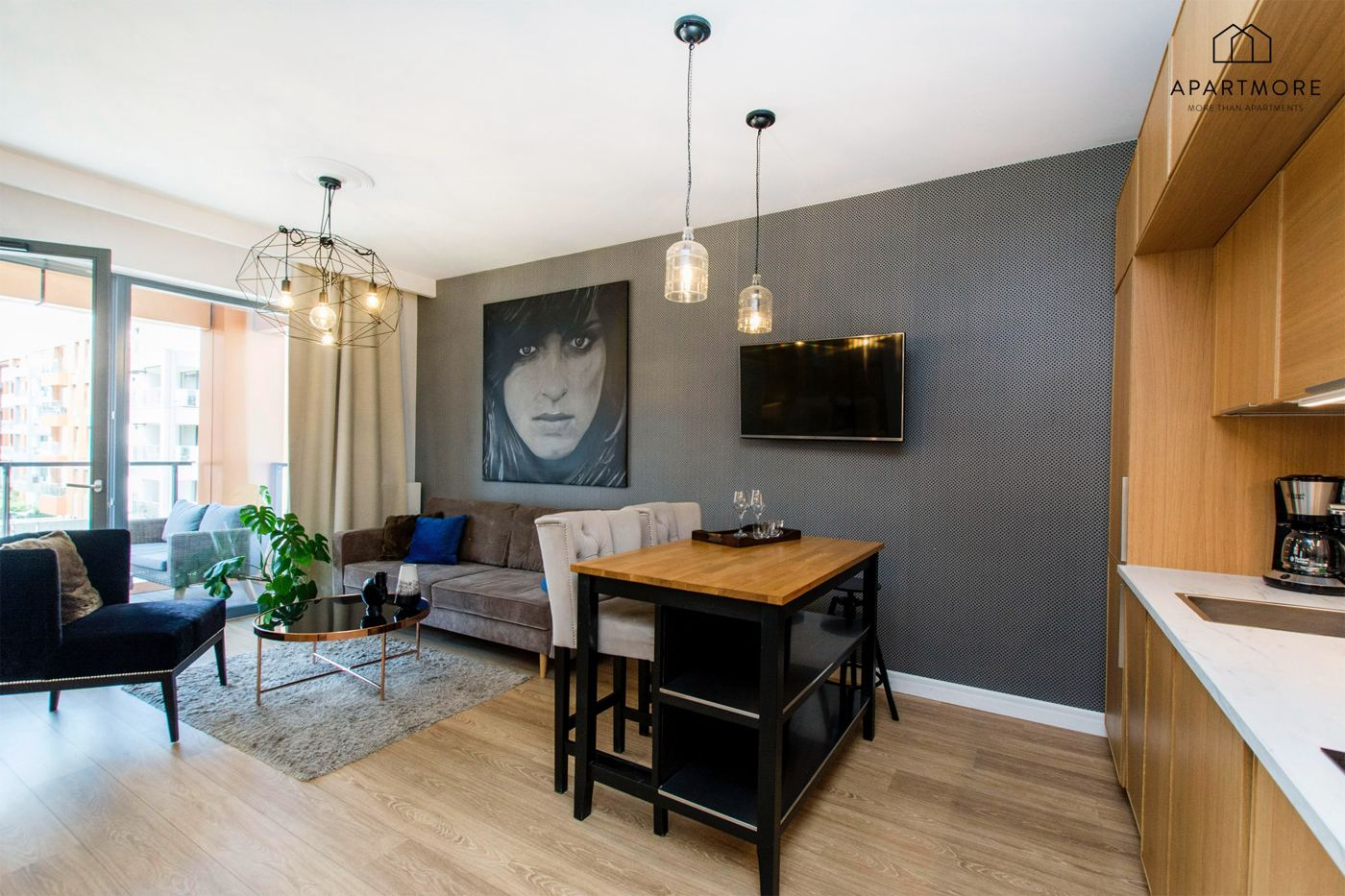Salon z aneksem jadalnym w apartamencie w Gdańsku